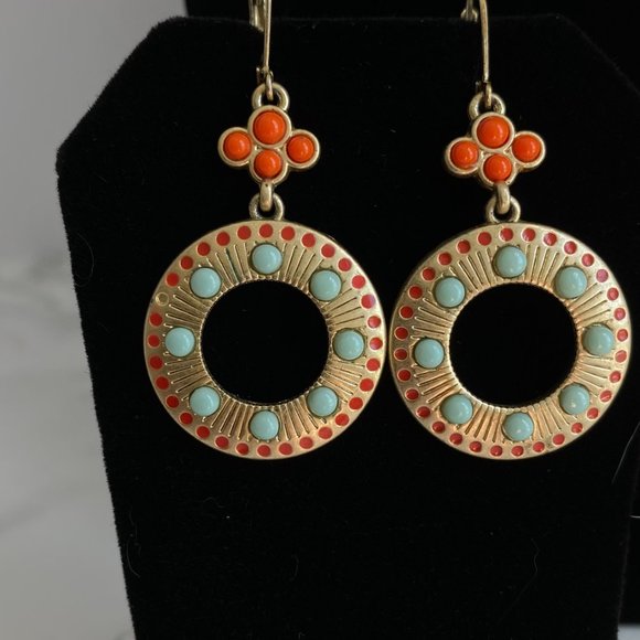 NECKLACE & EARRING SET Gold Toned Orange & Blue Stones 20" - Picture 5 of 7